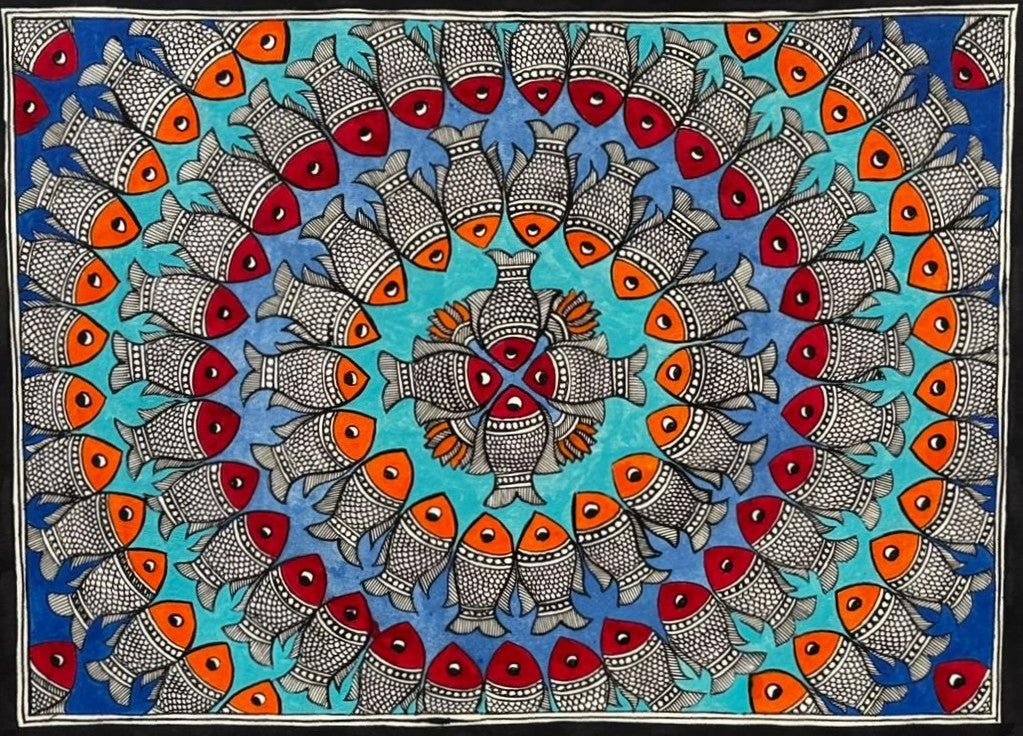 Colourful Fish Mandala in Madhubani by Abdesh Kumar Karn Thumbnail