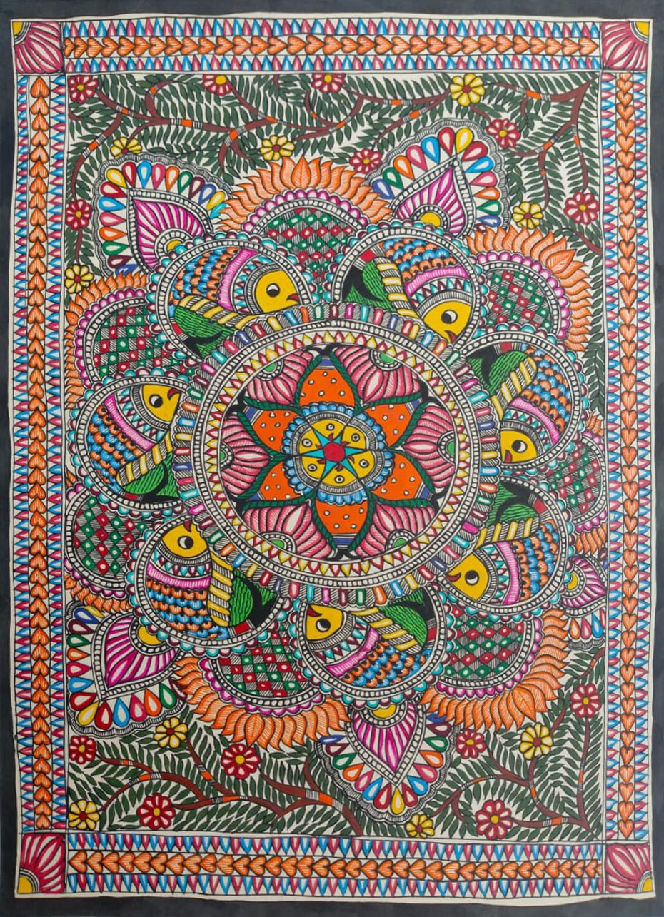 Cosmic Lotus Fish mandala in Madhubani by Ambika Devi Thumbnail