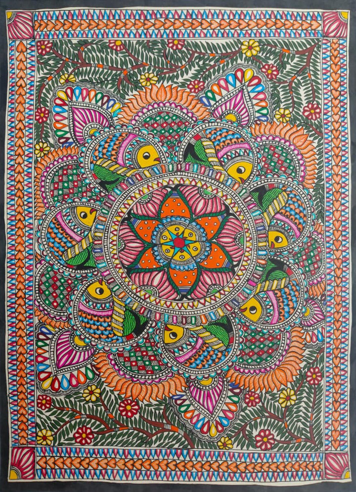 Cosmic Lotus Fish mandala in Madhubani by Ambika Devi Thumbnail