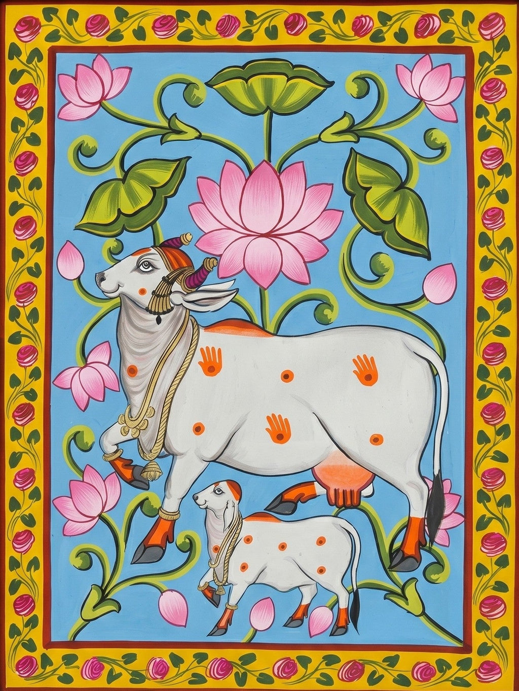 Cow and Calf Standing in a Lotus Grove in Pichwai by Jayesh Sharma Thumbnail