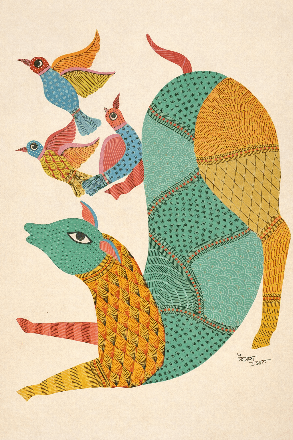 Cow with birds in Gond by Kailash Pradhan Thumbnail