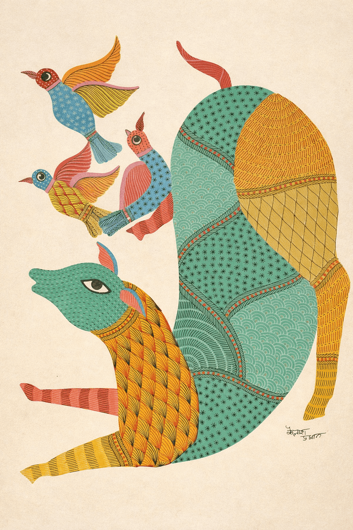 Cow with birds in Gond by Kailash Pradhan Thumbnail