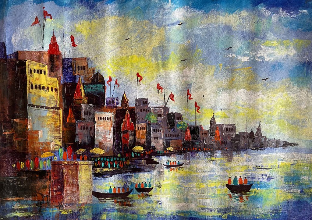Devotional Divinity: Varanasi Ghat in Acrylic by Ashish Kumar Mishra Thumbnail