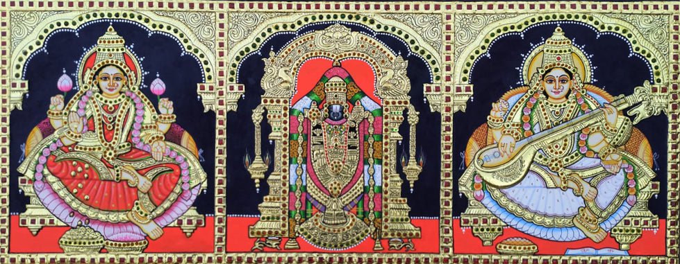 Divine Beauty: Lord Balaji, Goddess Lakshmi, and Goddess Saraswati in Tanjore Art by Sanjay Tandekar Thumbnail