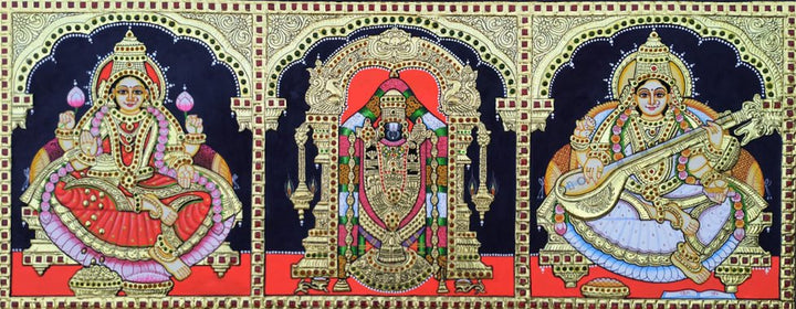 Divine Beauty: Lord Balaji, Goddess Lakshmi, and Goddess Saraswati in Tanjore Art by Sanjay Tandekar Thumbnail
