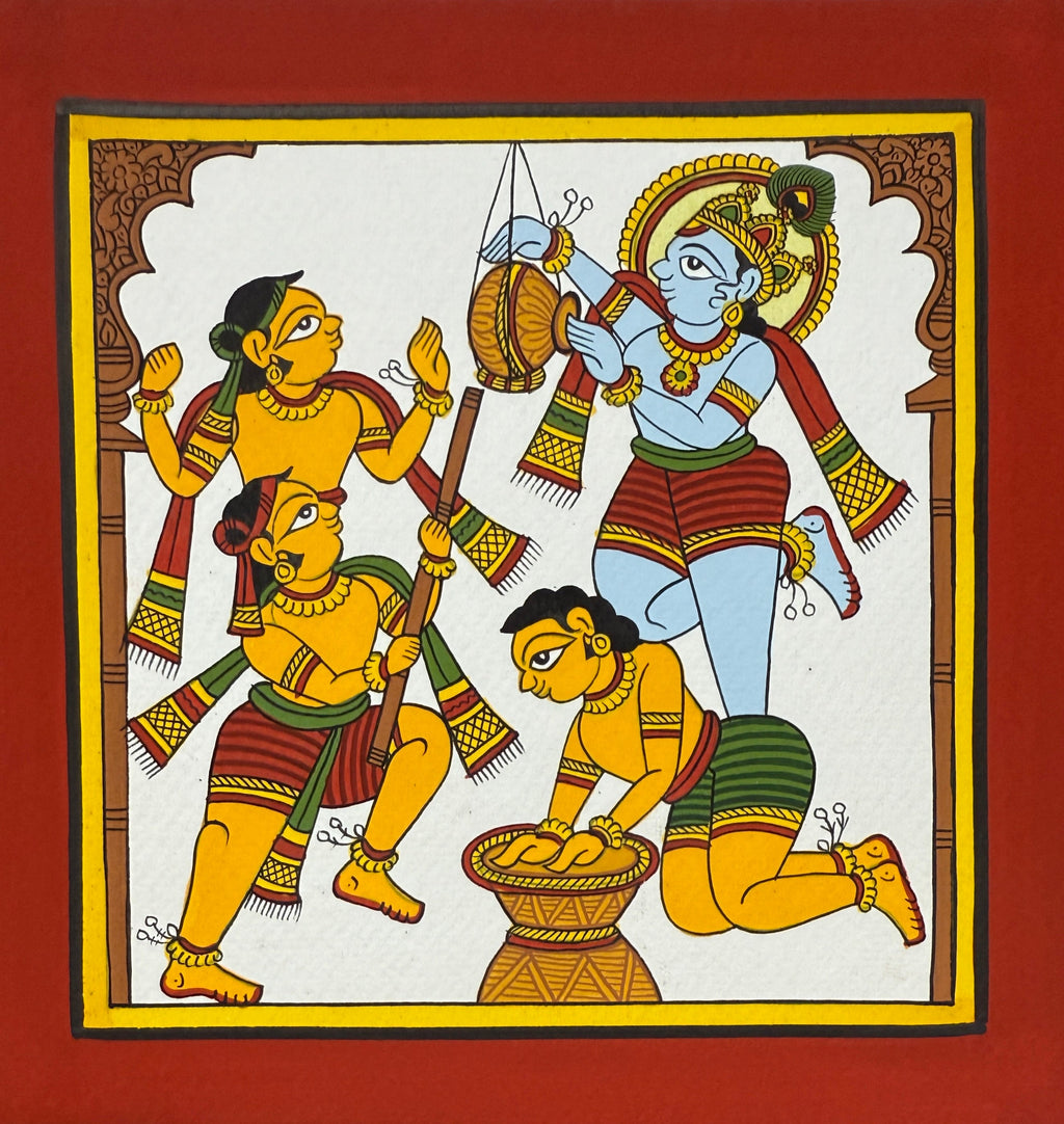 Divine Leelas of Lord Krishna: Stealing of Butter in Phad painting by Kalyan Joshi Thumbnail