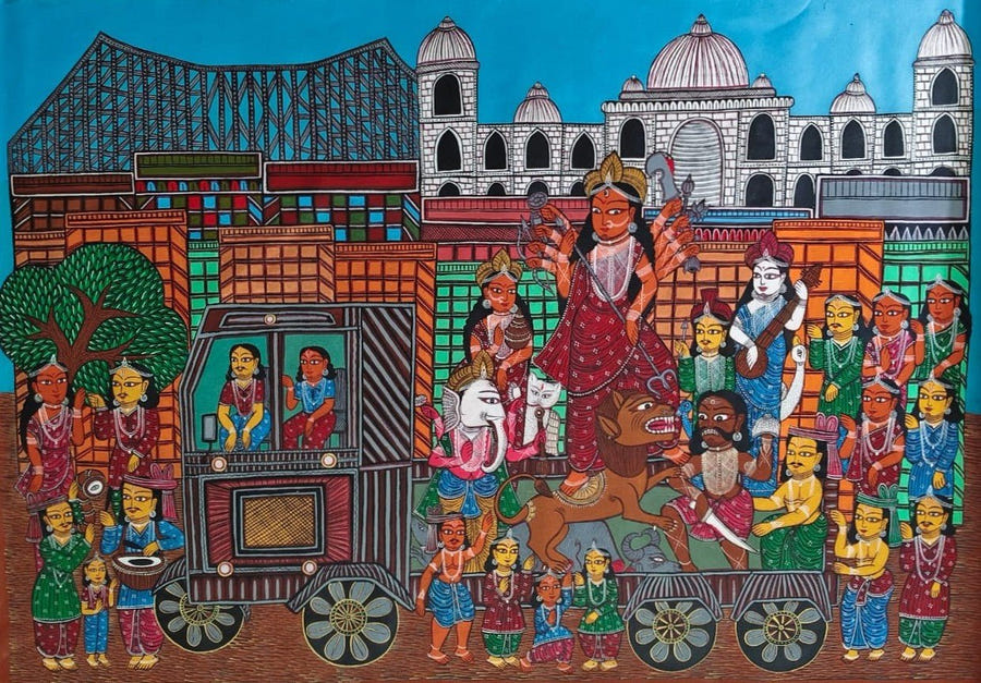 Durga Pujo Procession in Bengal Pattachitra by Anwar Chitrakar-Handpainted Artwork