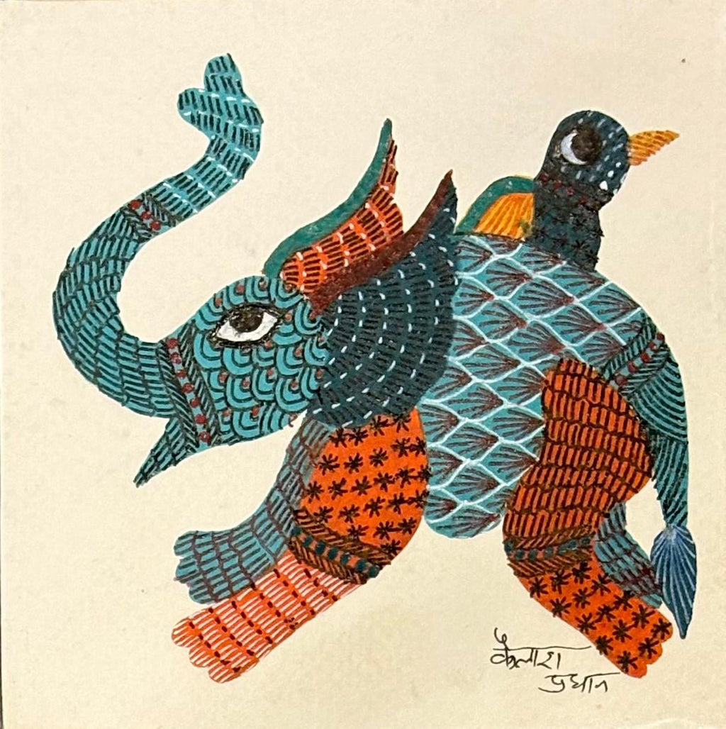 Elephant and a bird in Gond by Kailash Pradhan Thumbnail