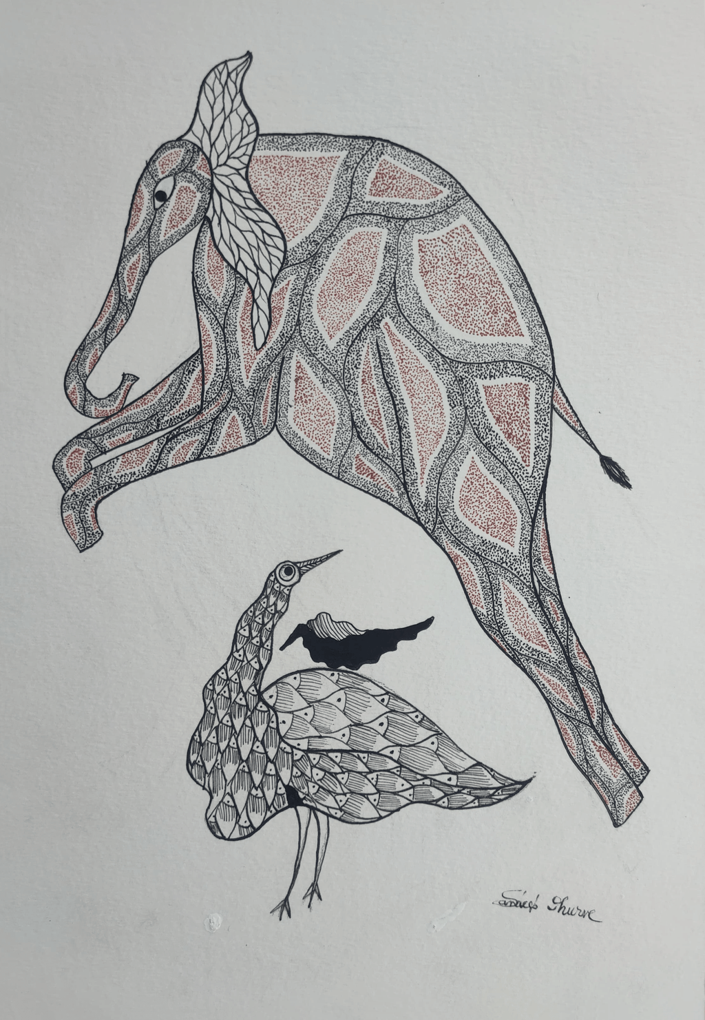 Elephant and Bird: The Nature's Plunge In Gond by Sandeep Dhurve Thumbnail