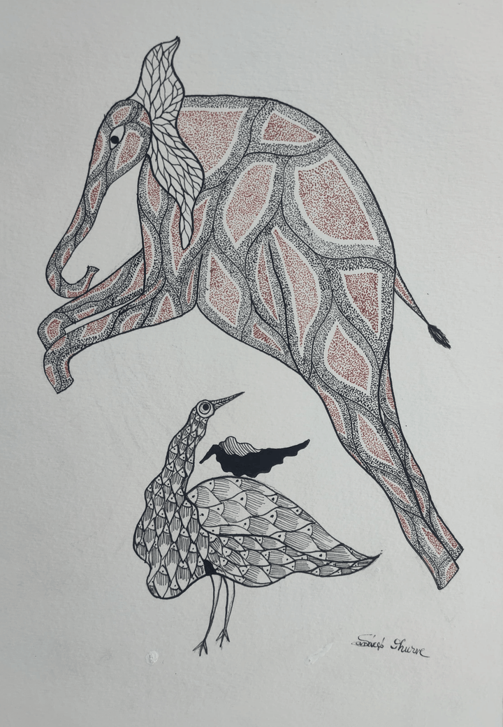 Elephant and Bird: The Nature's Plunge In Gond by Sandeep Dhurve Thumbnail