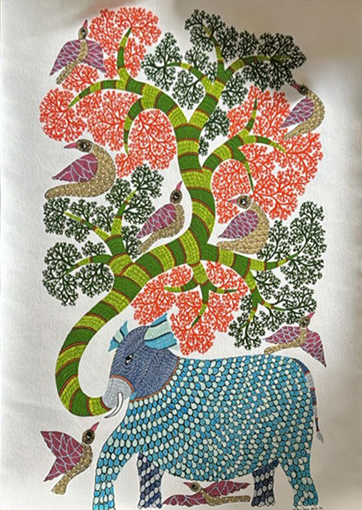 Elephant and the Tree in Gond by Saroj Venkat Shyam Thumbnail