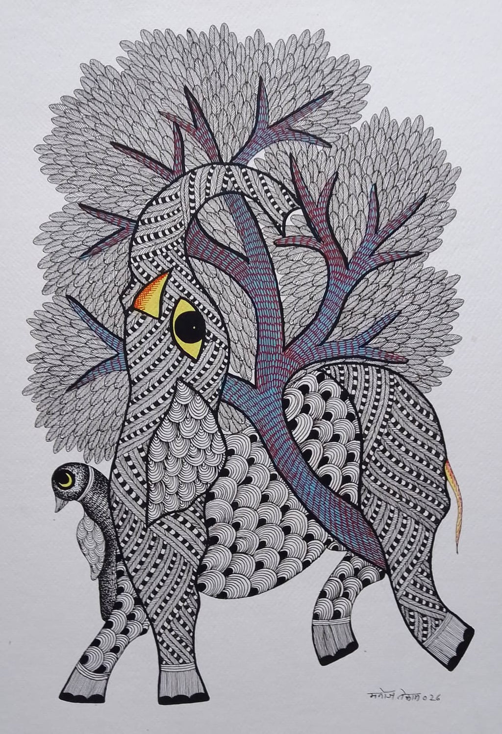 Elephant, Bird and Tree in Gond by Manoj Tekam Thumbnail