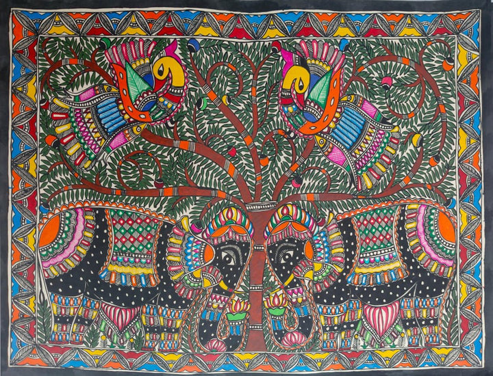 Elephants in the forest in Madhubani by Ambika Devi Thumbnail