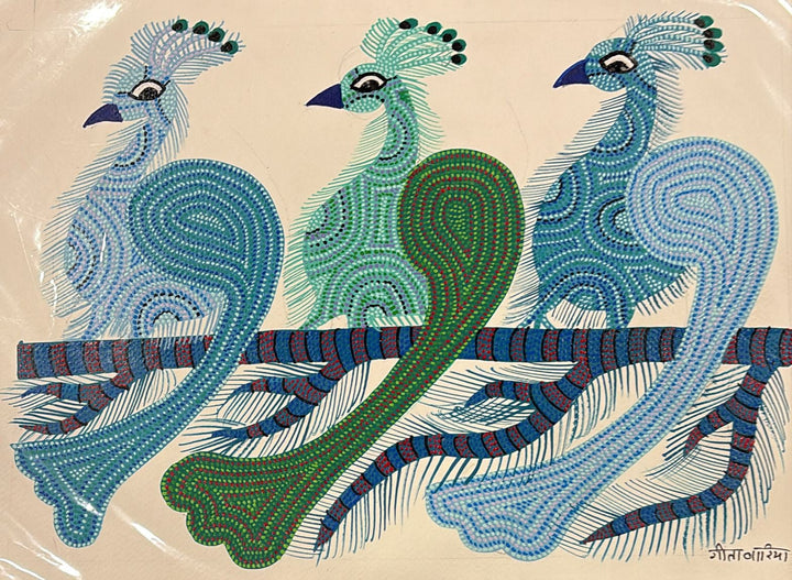 Emerald Plume: Peacock Trio in Bhil by Geeta Bariya Thumbnail