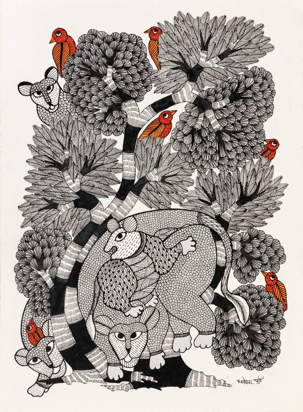 Family of Tigers in Gond by Dhneshwar Dhurwey Thumbnail