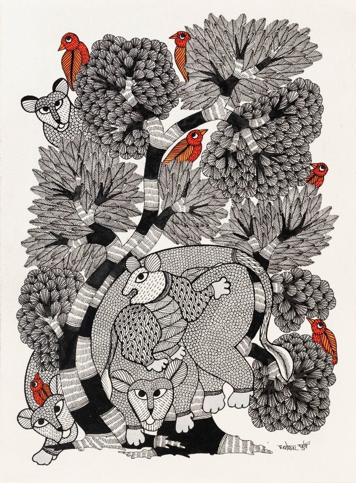 Family of Tigers in Gond by Dhneshwar Dhurwey Thumbnail