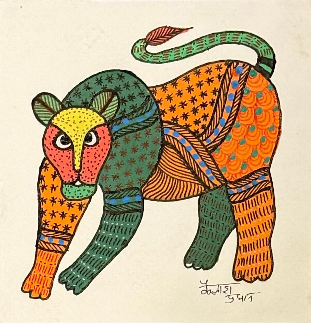 Fierce lion in Gond by Kailash Pradhan Thumbnail