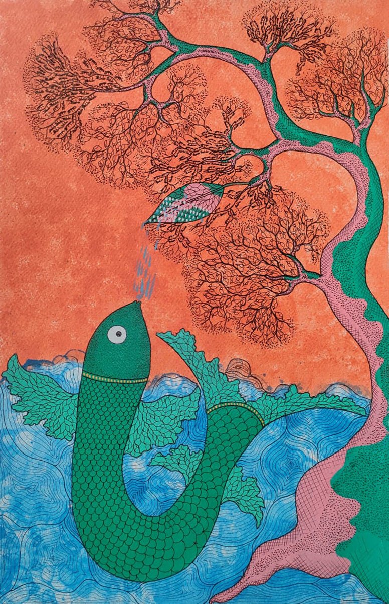 Fish and Tree:  A Gond Depiction by Sandeep Dhurv Thumbnail