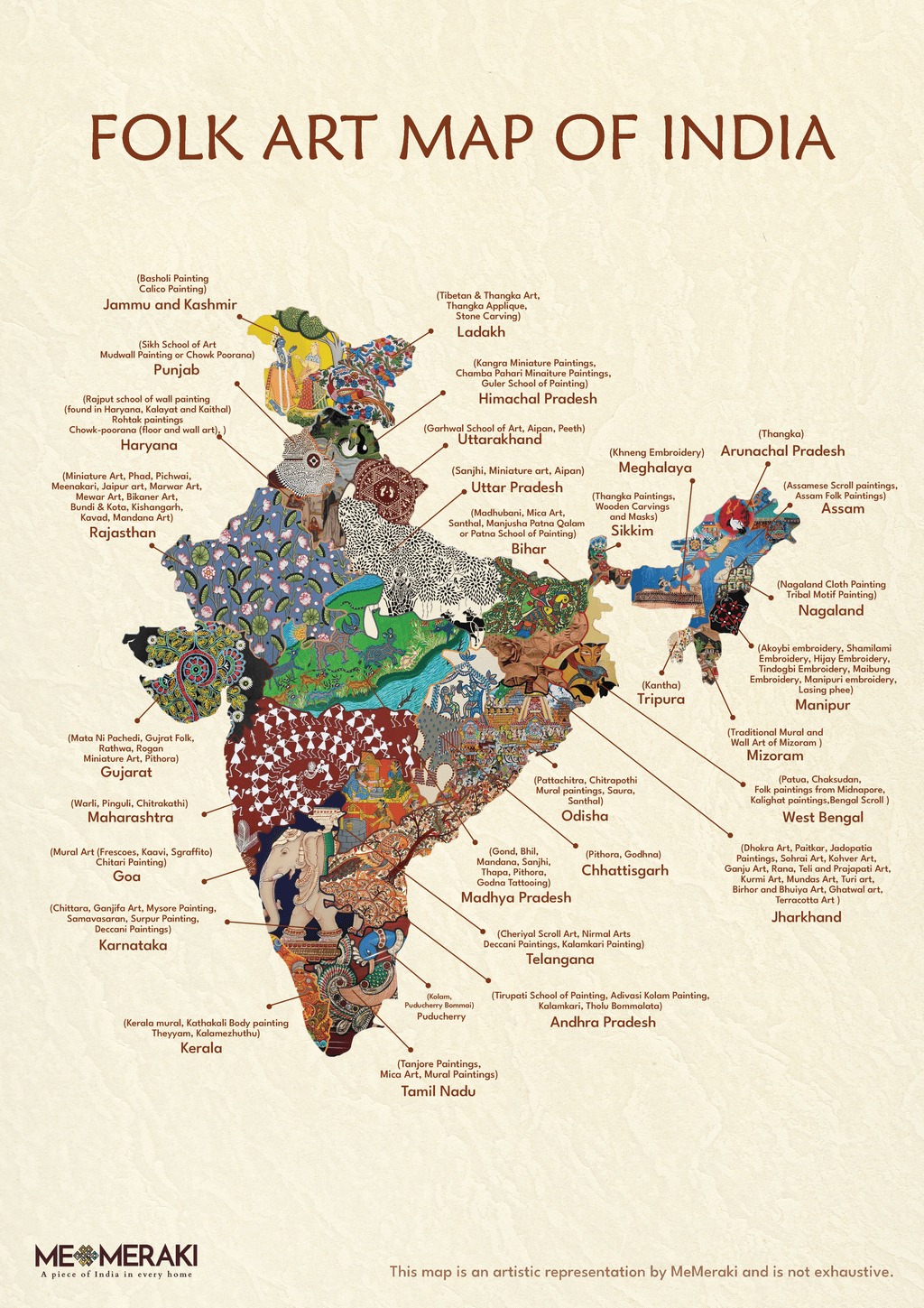 Framed Folk Art of India Map | Home Decor Print by MeMeraki Thumbnail