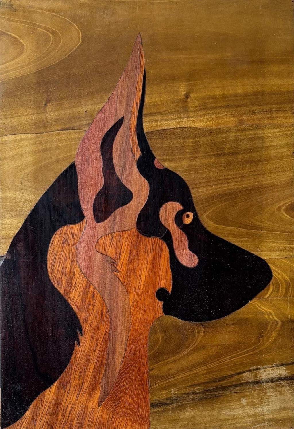 German Shepherd in profile in wood inlay by Mohan Kumar Thumbnail