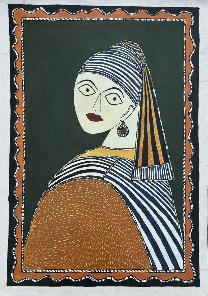 Girl with a Pearl Earring (Johannes Vermeer) in Madhubani by Izhar Ansari Thumbnail