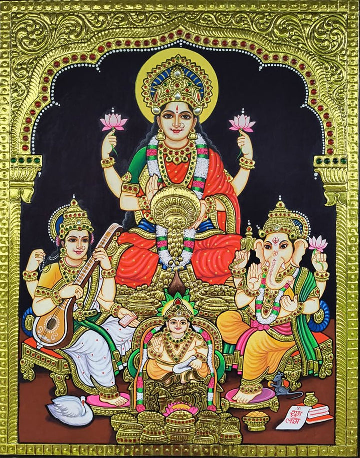 Goddess Lakshmi with Ganesha and Saraswati in Tanjore by Sanjay Tandekar Thumbnail