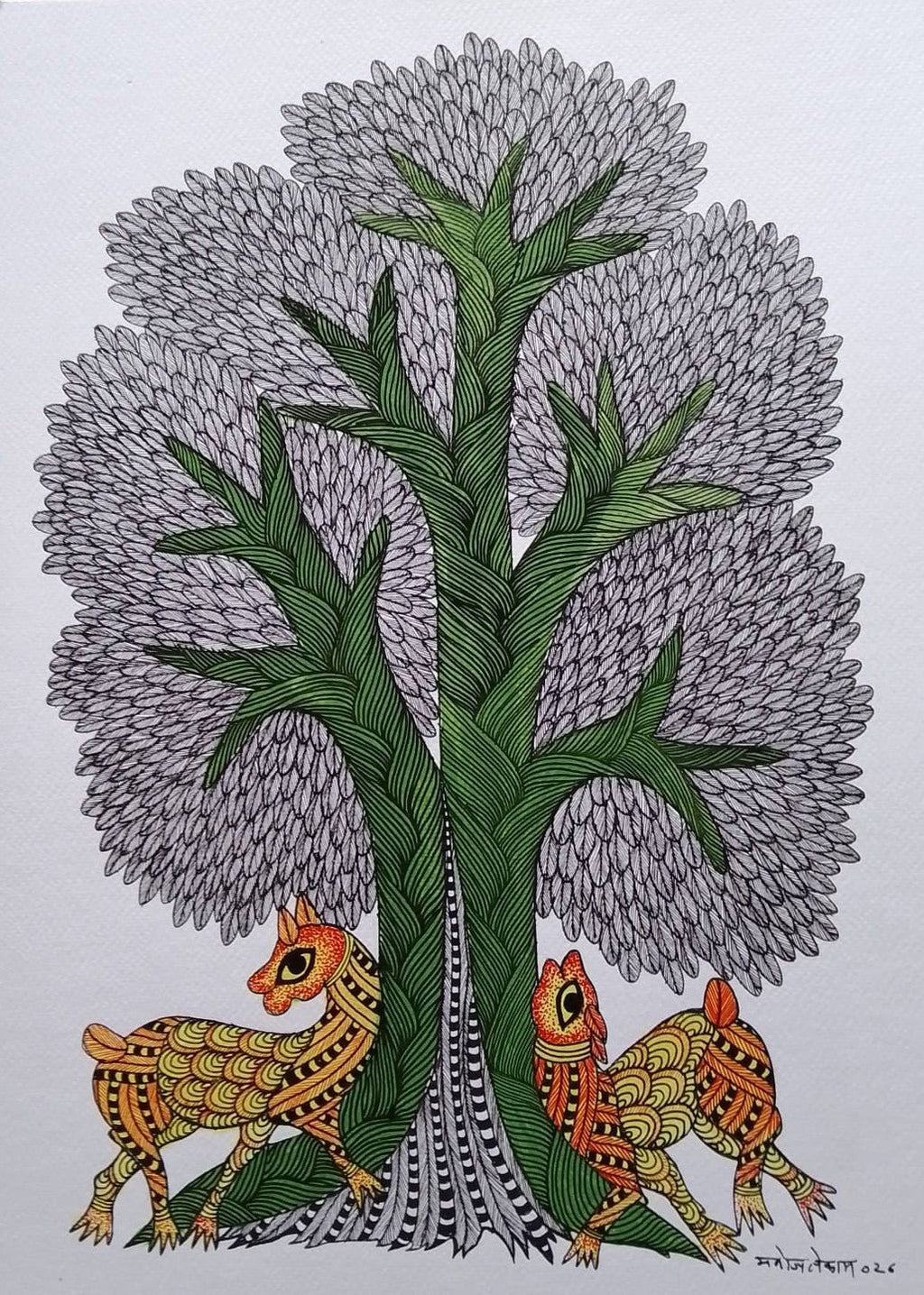 Golden Deer and Tree in Gond by Manoj Tekam Thumbnail