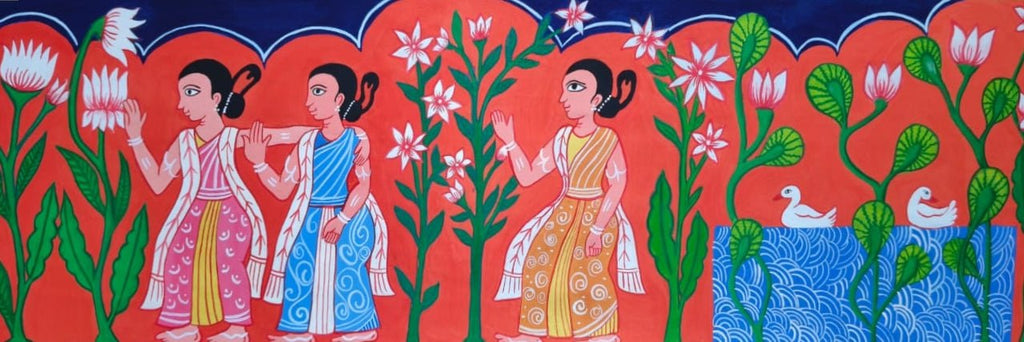 Gopis in the Lotus Grove in Manuscript Painting by Sujit Das Thumbnail