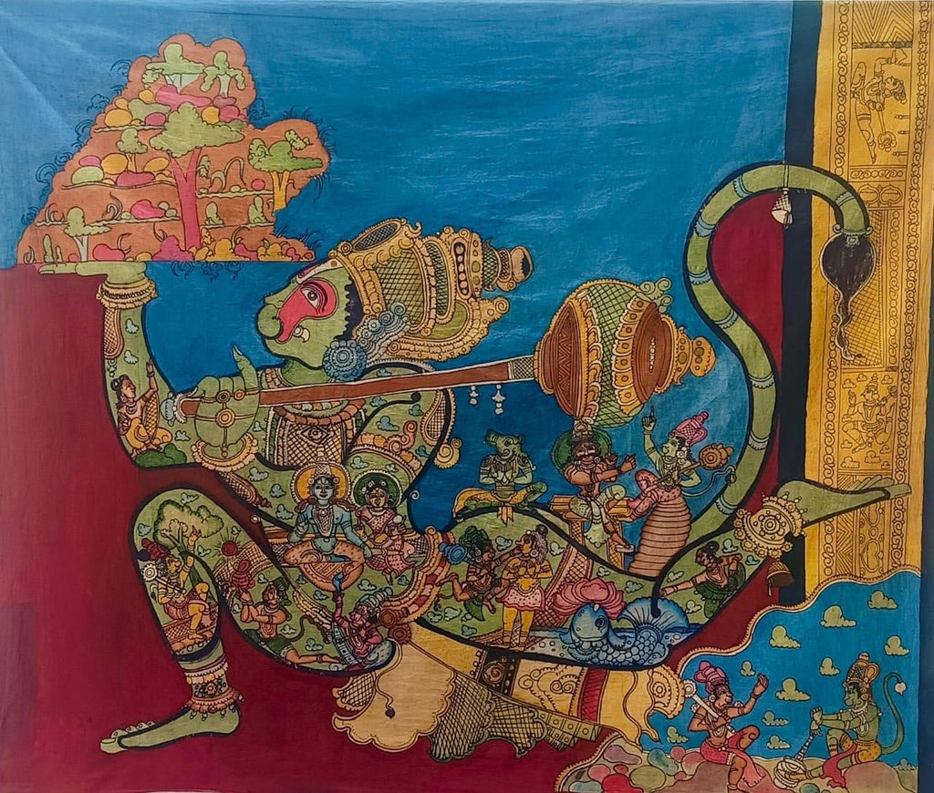 Hanuman with Dronagiri in Kalamkari by Kanukurthi Guna Sekhar Sai Thumbnail