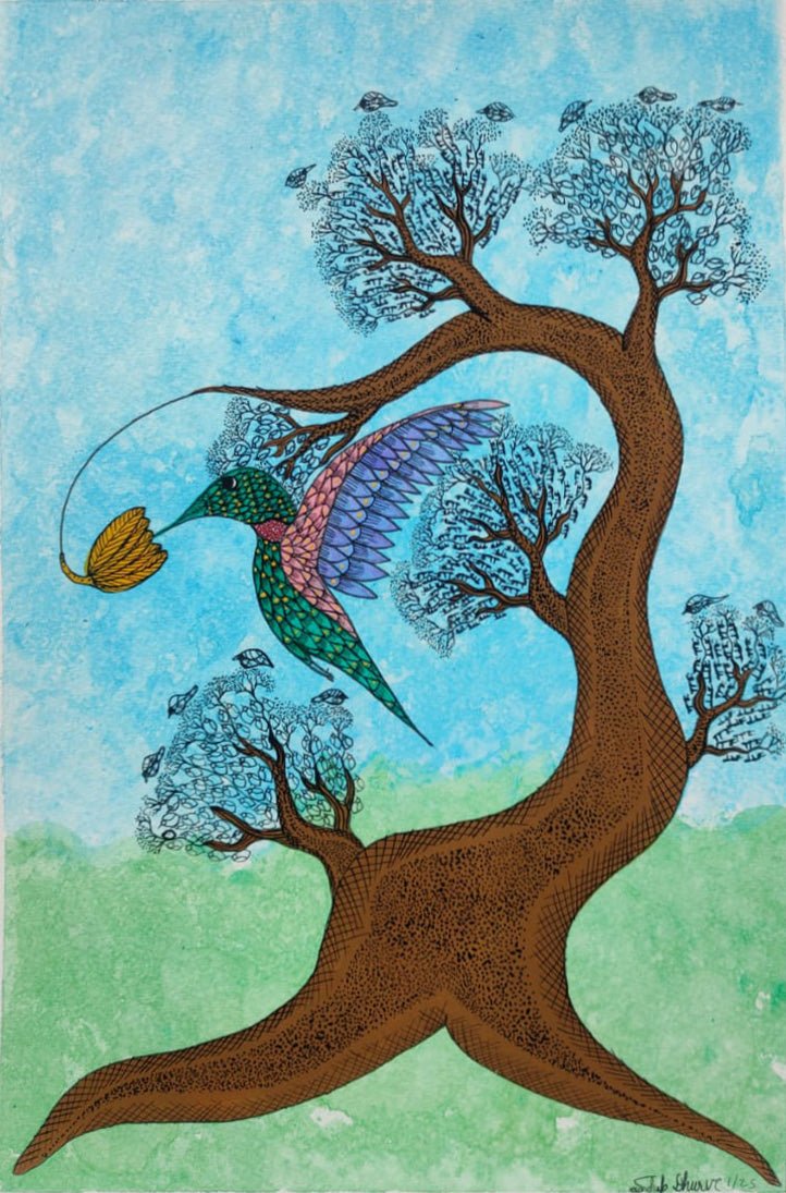 Hummingbird and Tree: The Enchanted Forest In Gond by Sandeep Dhurve Thumbnail