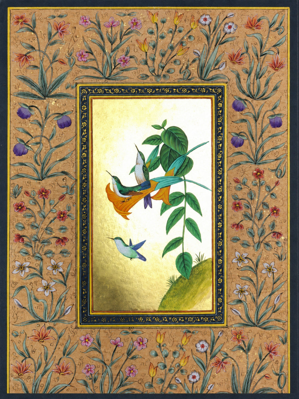 Hummingbirds on a Golden Trumpet Vine in Mughal Miniature by Mohan Prajapati Thumbnail