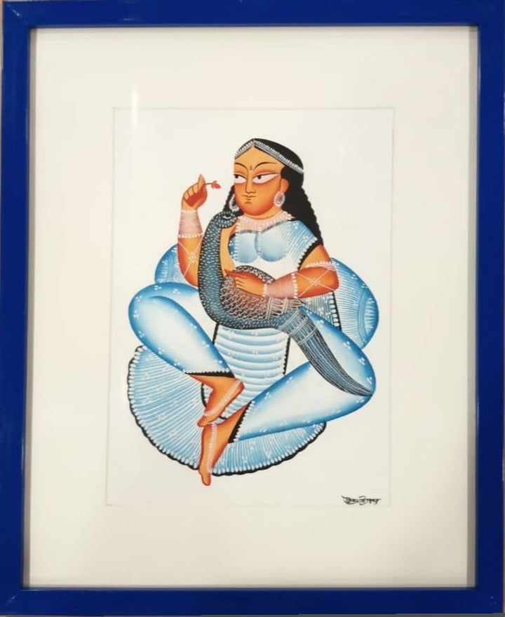 In Contemplation: Nayika (Heroine) and Peacock in Kalighat by Uttam Chitrakar Thumbnail