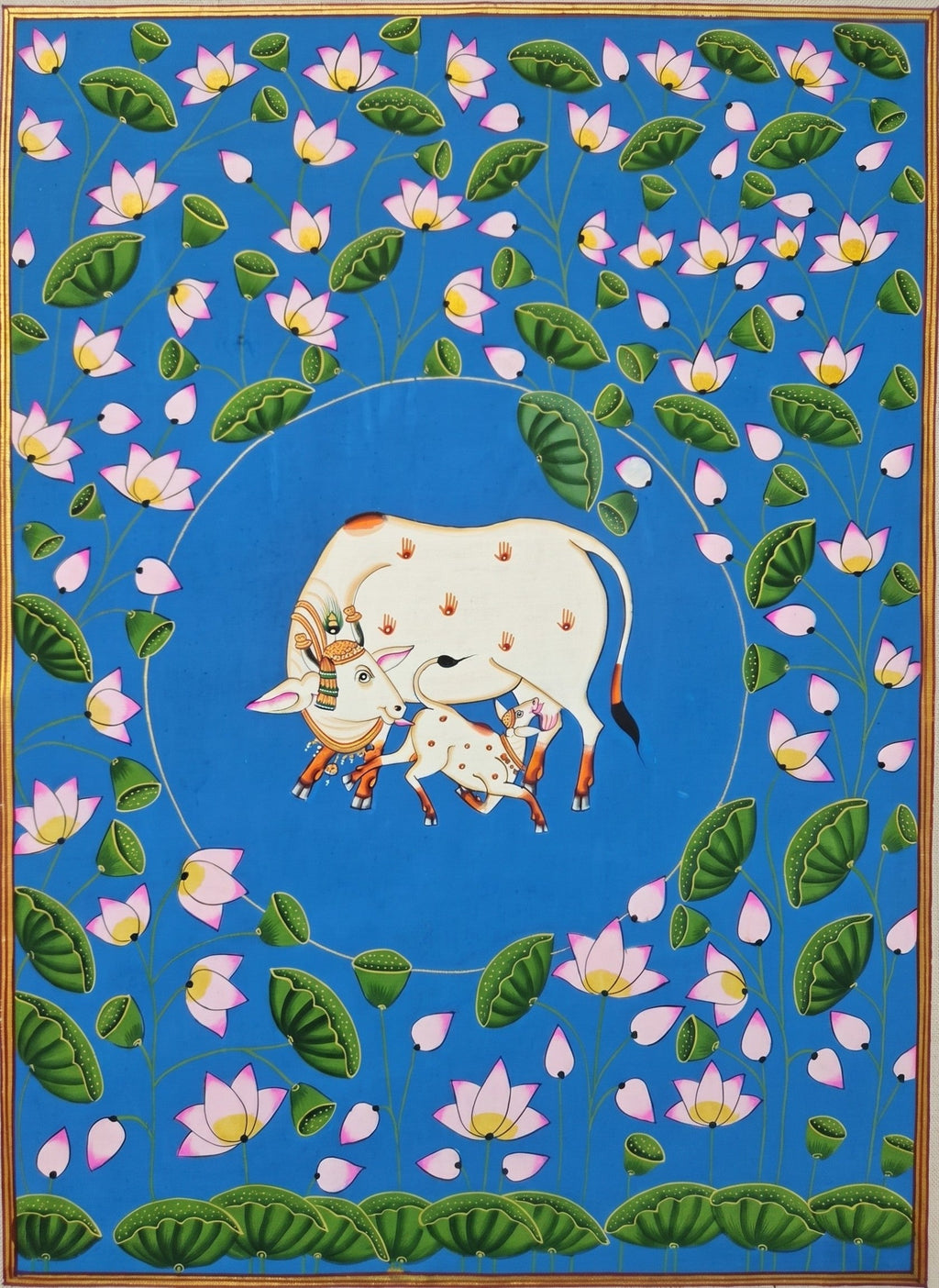 Kamdhenu with calf in Pichwai by Shehzaad Ali Sherani Thumbnail