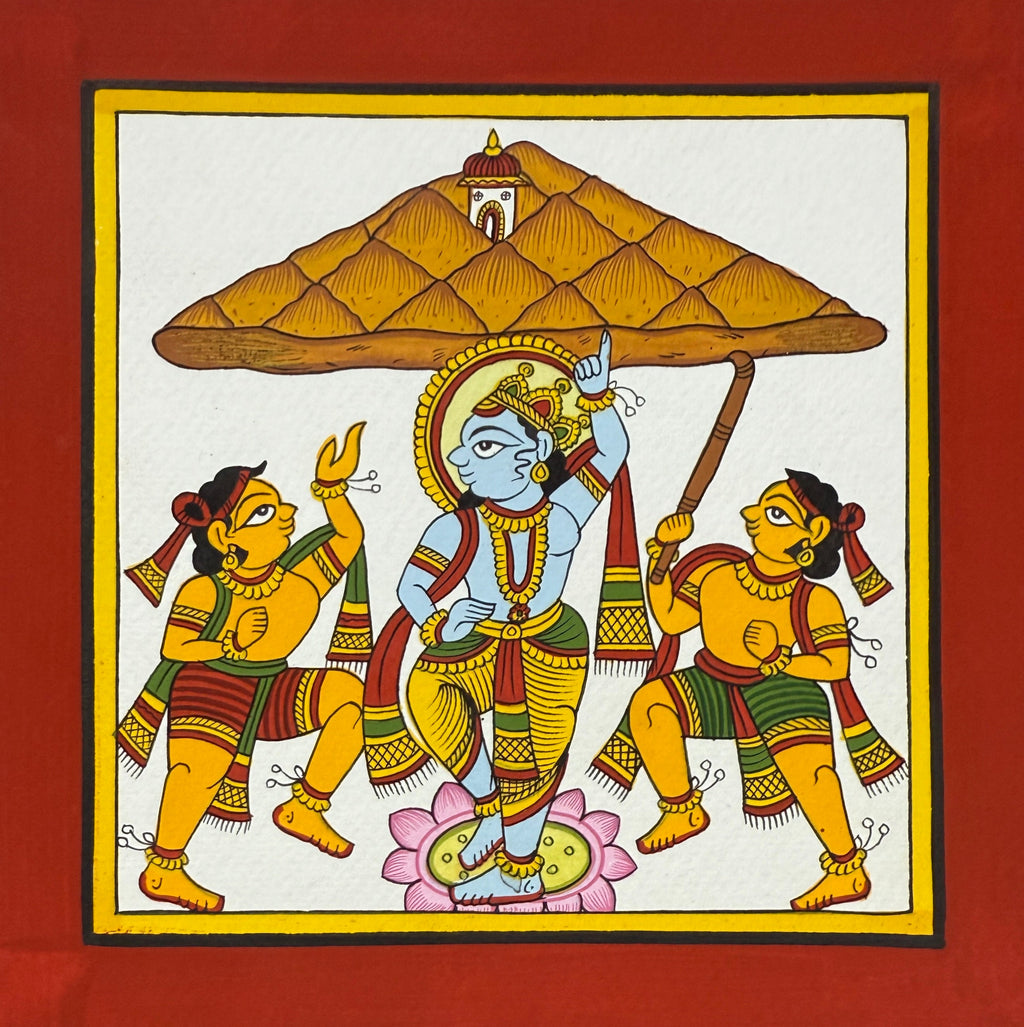 Krishna Lifting the Govardhan: Phad Painting by Kalyan Joshi Thumbnail