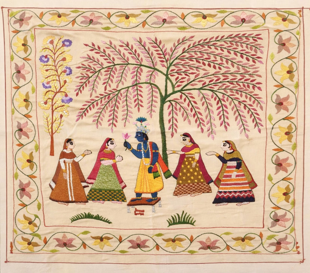 Krishna with gopis in Chamba Rumal painting by Anjali Vakil Thumbnail