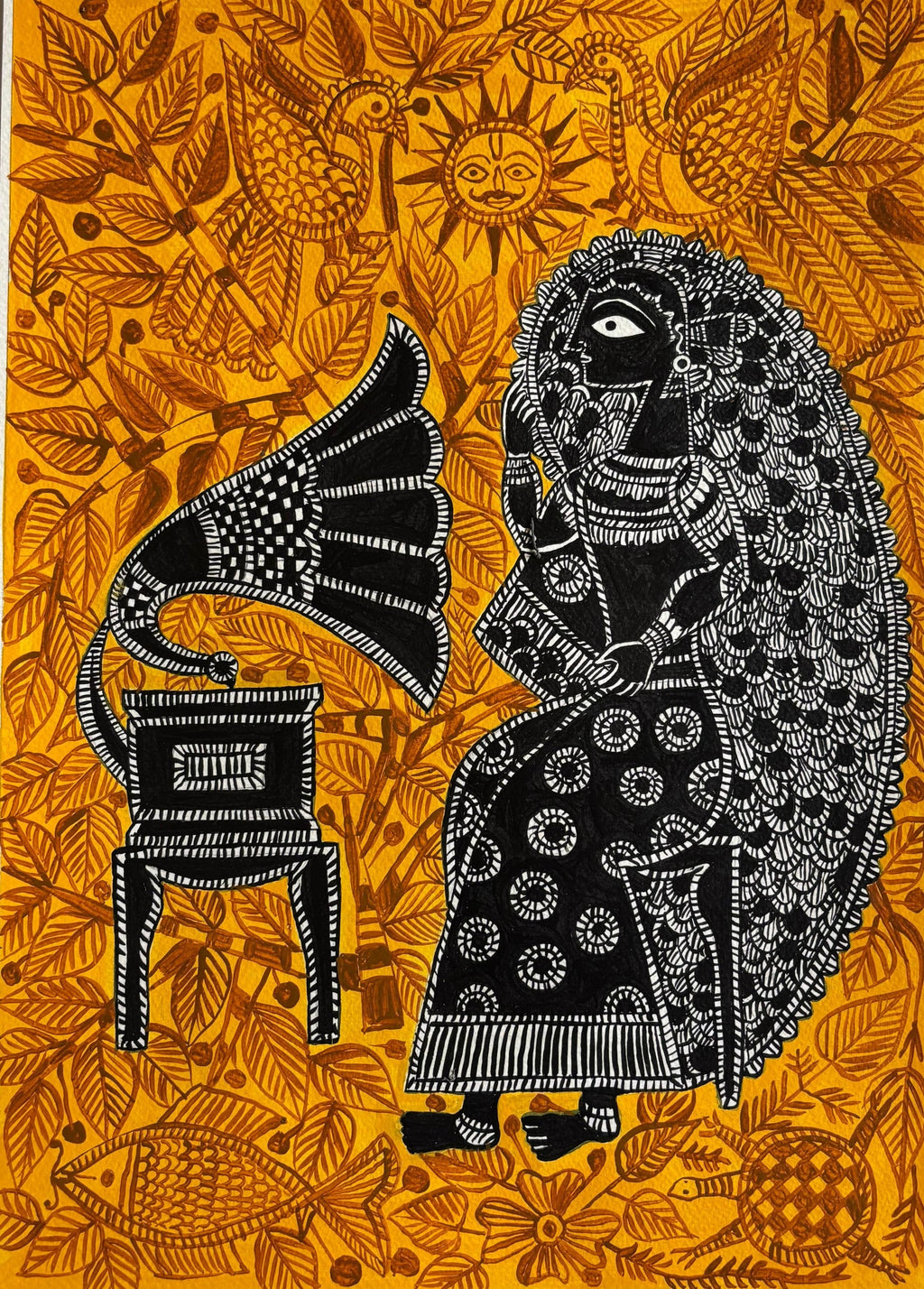 Lady with Gramophone in Madhubani by Izhar Ansari Thumbnail