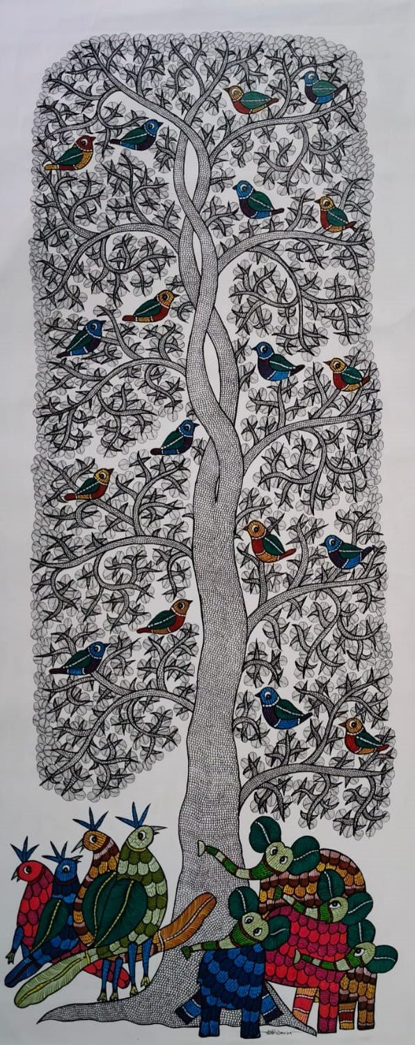 Life Under the Tree: Peacocks and Elephants in Gond Art by Choti Tekam Thumbnail