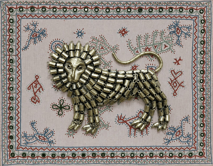 Lion in Dhokra and Kutch Embroidery-Handpainted Artwork