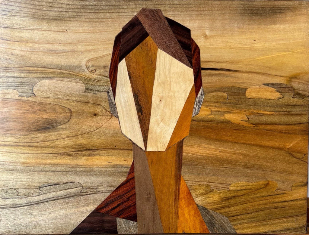 Listening figure in Abstract wood inlay by Mohan Kumar Thumbnail