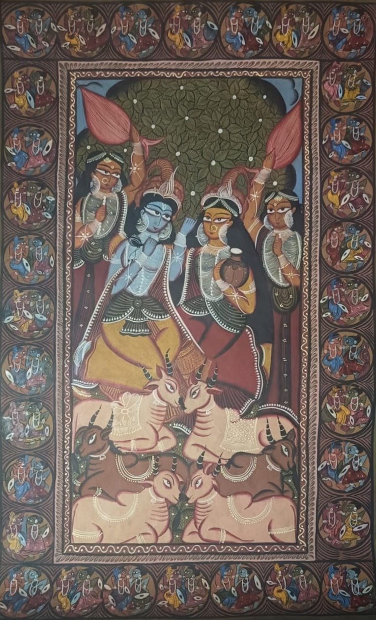 Lord Krishna and Radha with Sacred Cows in Kalighat and Pattachitra Art by Sonali Chitrakar Thumbnail