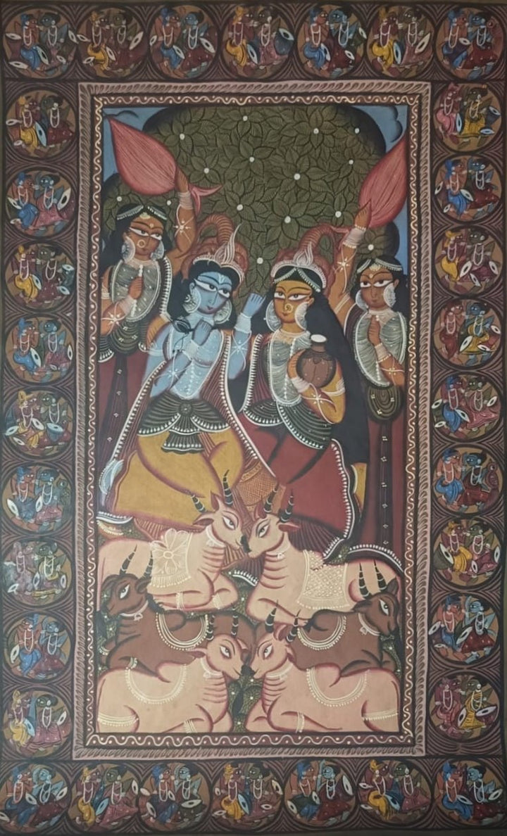Lord Krishna and Radha with Sacred Cows in Kalighat and Pattachitra Art by Sonali Chitrakar Thumbnail