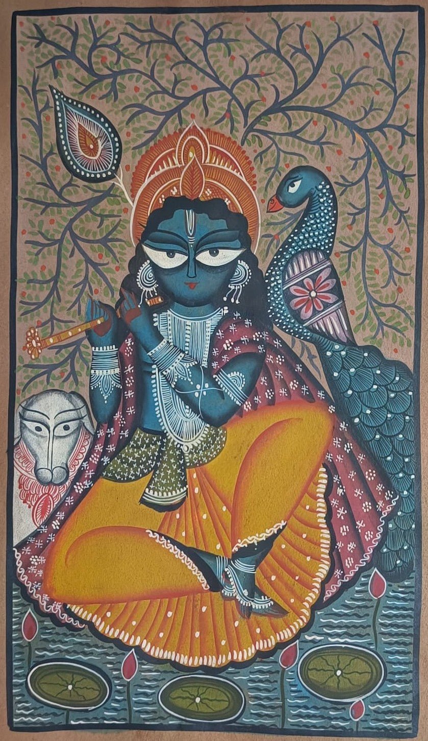 Lord Krishna and the Peacock Companion in Kalighat by Sonali Chitrakar Thumbnail