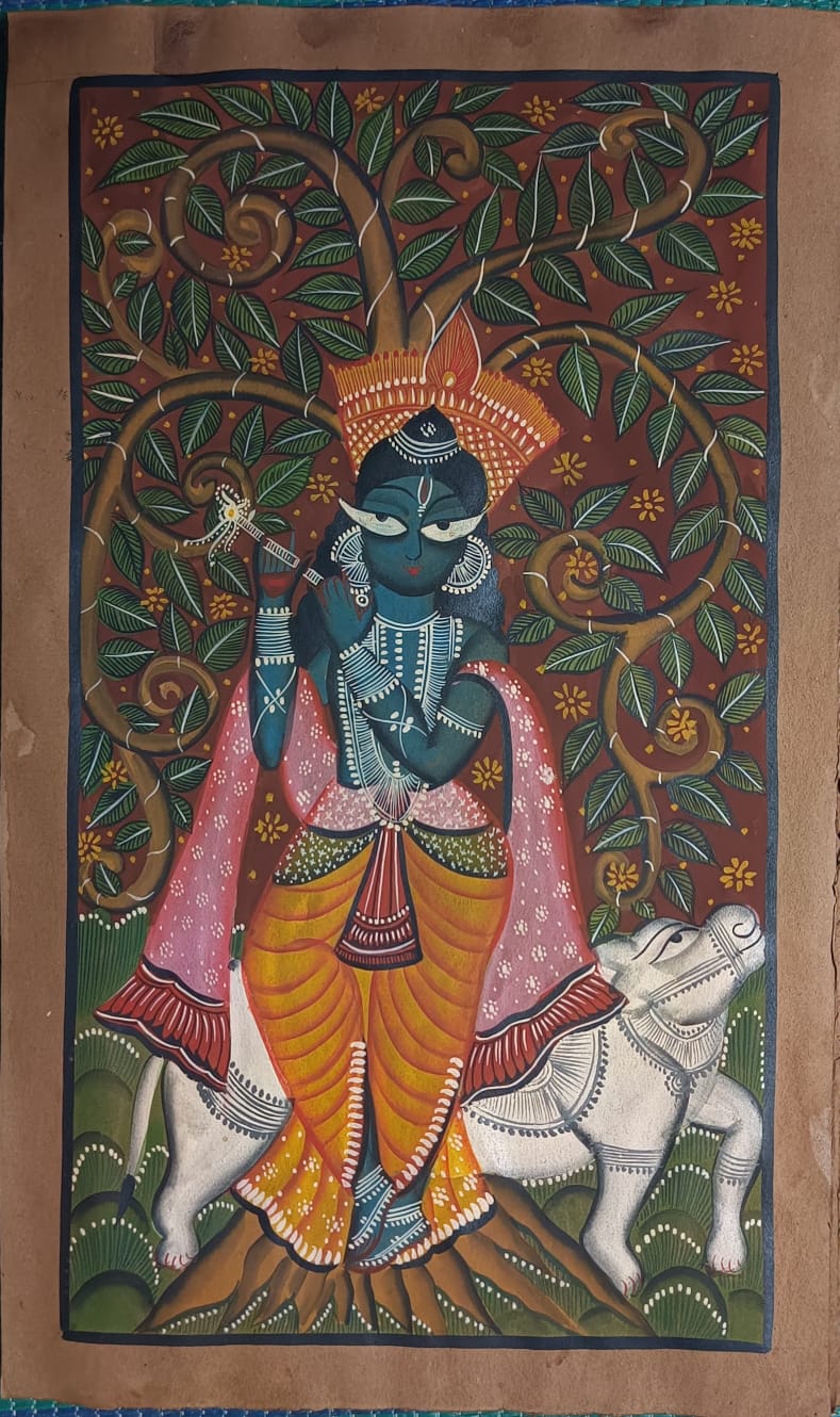 Lord Krishna and the Sacred Cow beneath the Kadamba Tree in Kalighat by Sonali Chitrakar Thumbnail