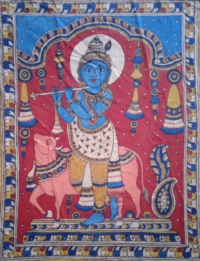 Lord Krishna and the Sacred Cow in Kalamkari by Siva Reddy Thumbnail