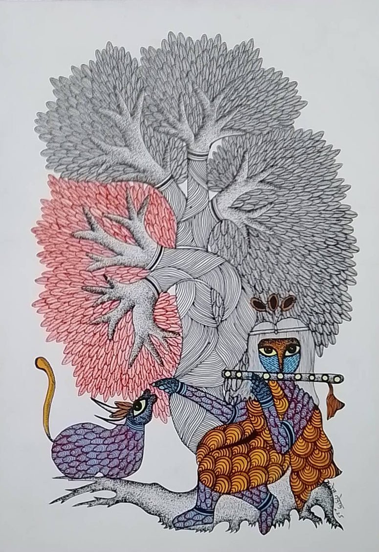 Lord Krishna Playing Flute under a Tree in Gond by Manoj Tekam Thumbnail