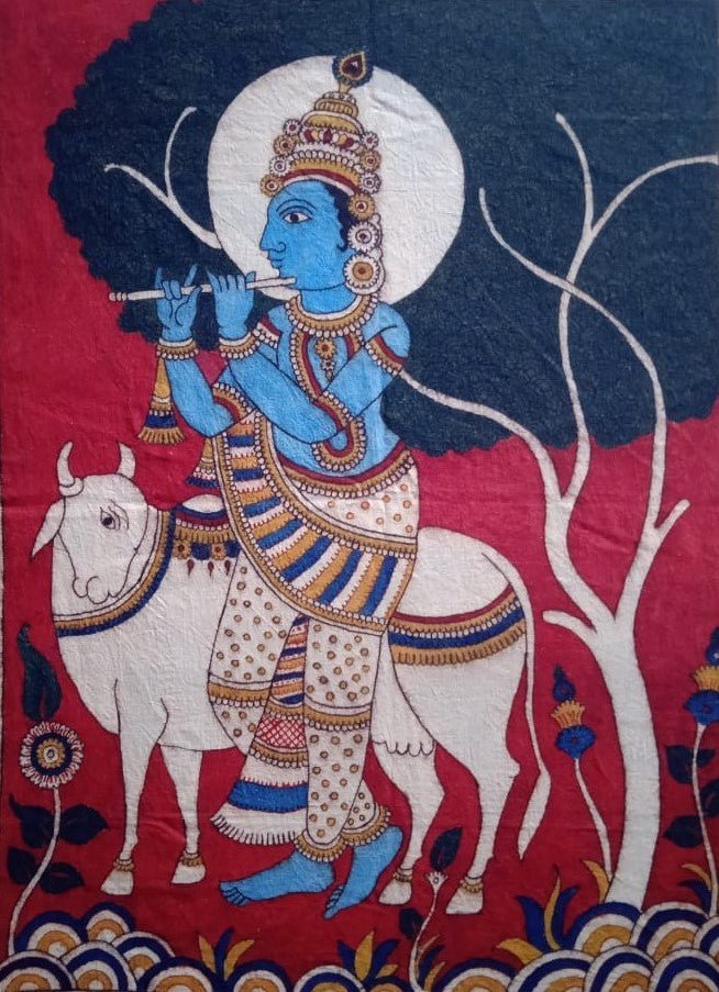 Lord Krishna with Sacred Cow in Kalamkari by Siva Reddy Thumbnail