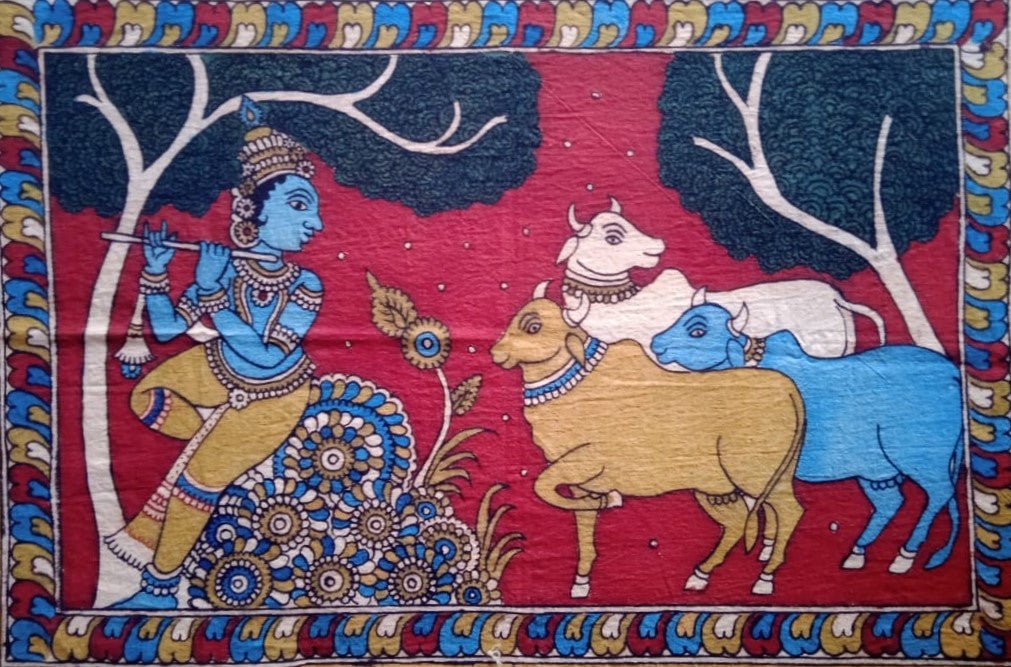 Lord Krishna with Sacred Cows in Kalamkari by Siva Reddy Thumbnail