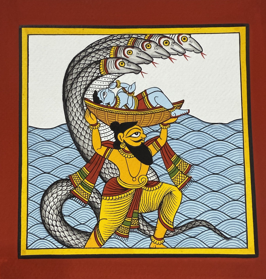 Lord Krishna's Journey: Vasudeva's Crossing of the Yamuna in Phad Painting by Kalyan Joshi Thumbnail