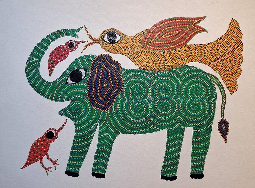 Majestic Elephant and Bird Companions In Bhil by Kamlesh Parmar Thumbnail
