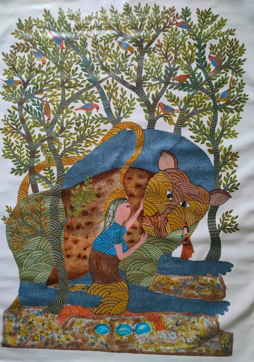 Mansutiya and Tiger in Gond by Sukhiram Maravi Thumbnail